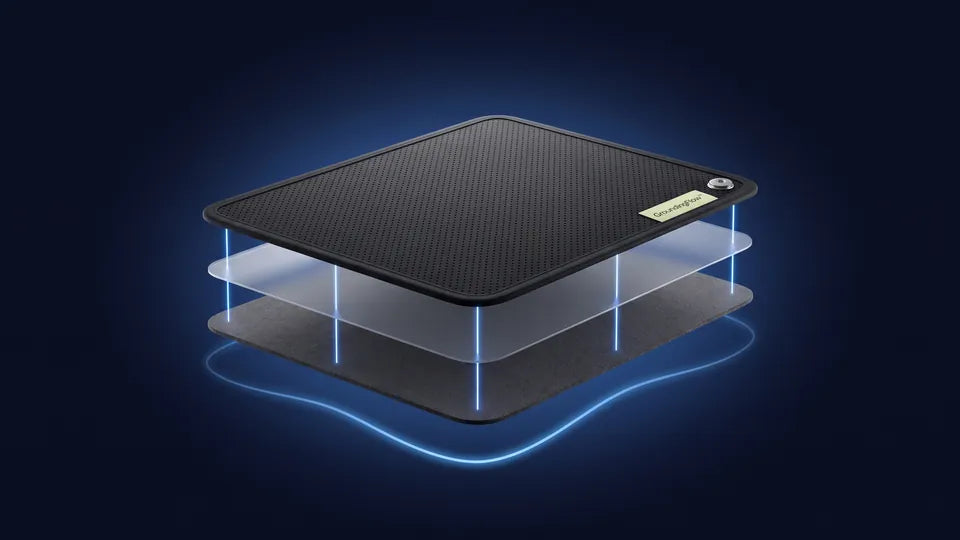 Exploded view of the GroundingFlow mat's layers glowing blue