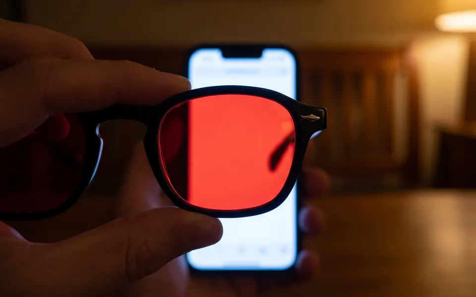 Uma lente vermelha deixando a tela brilhante de um celular vermelha