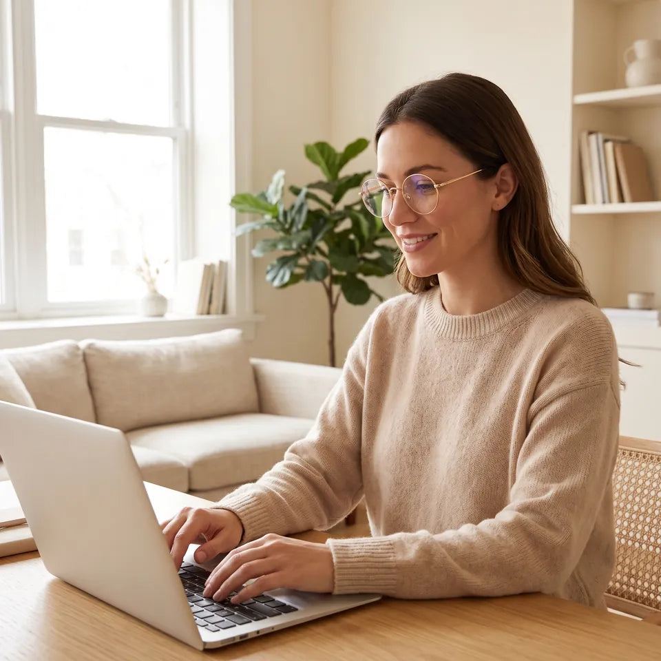 Una mujer trabajando en una laptop y usando anteojos redondos dorados
