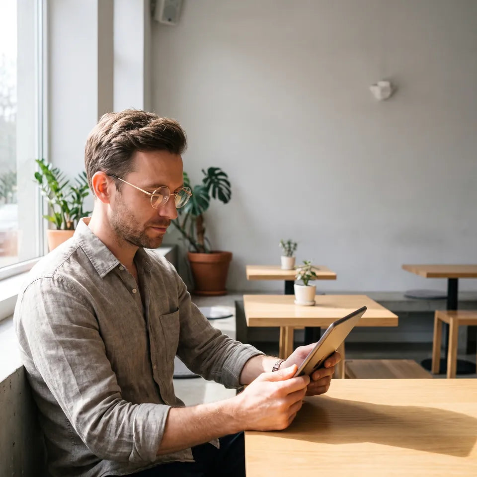 Un hombre leyendo en una tableta con gafas redondas