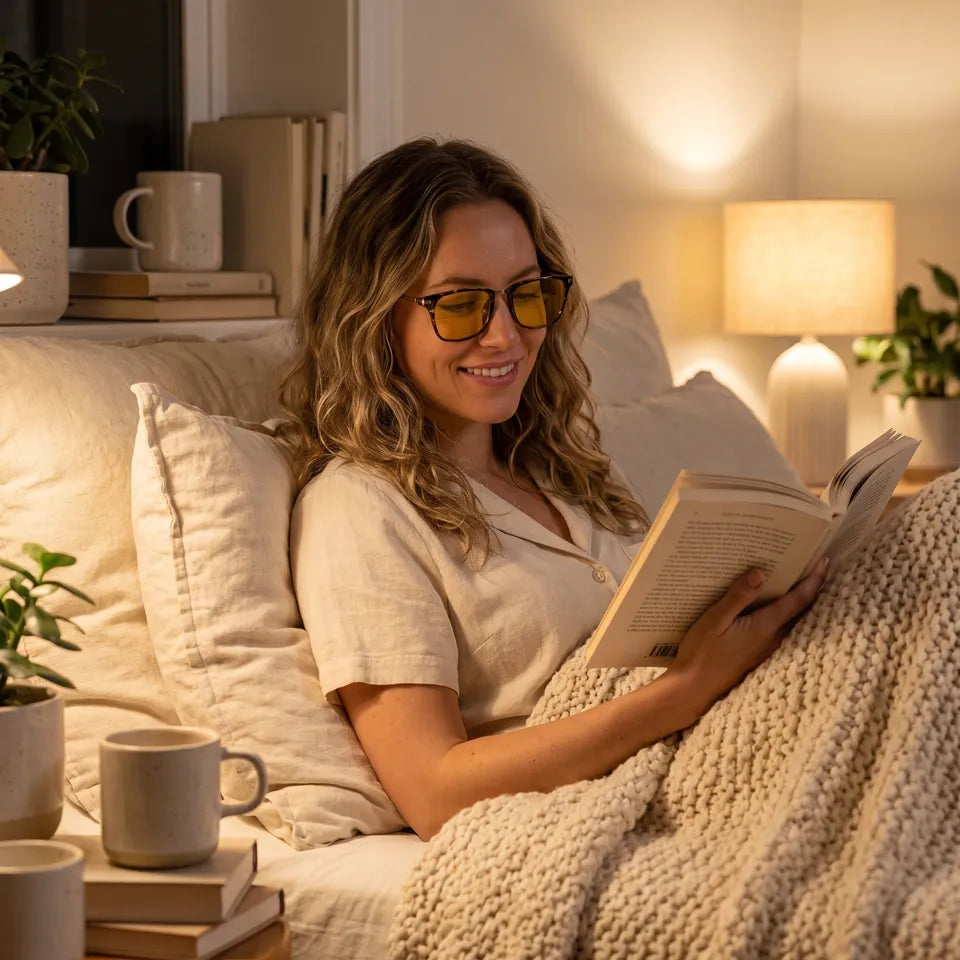 Uma mulher lendo na cama usando óculos noturnos âmbar