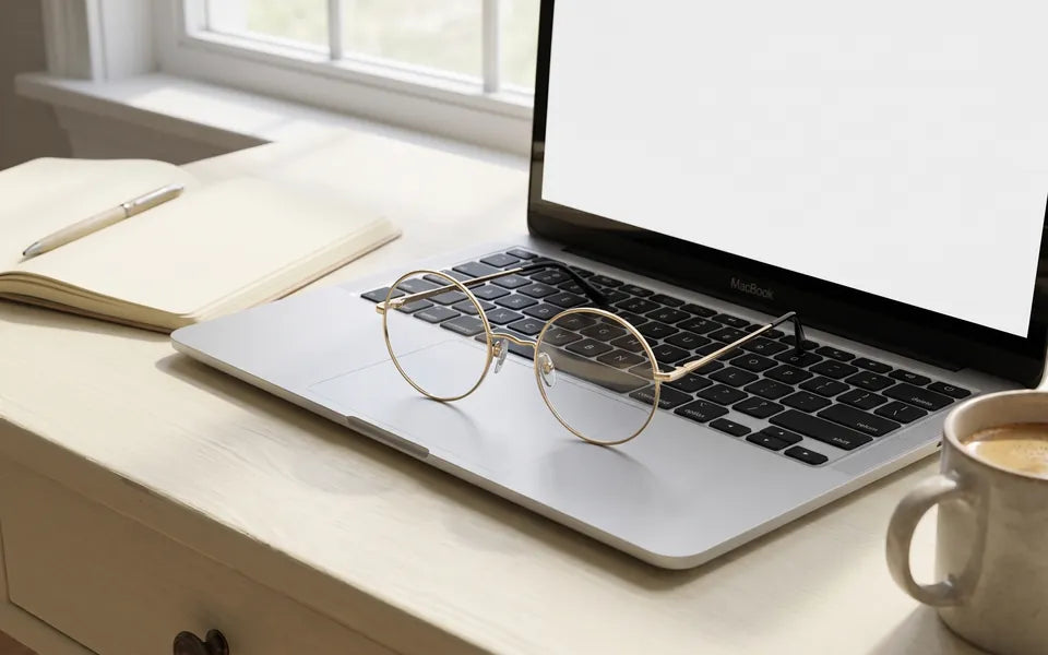 Gafas redondas doradas sobre el teclado de una computadora portátil
