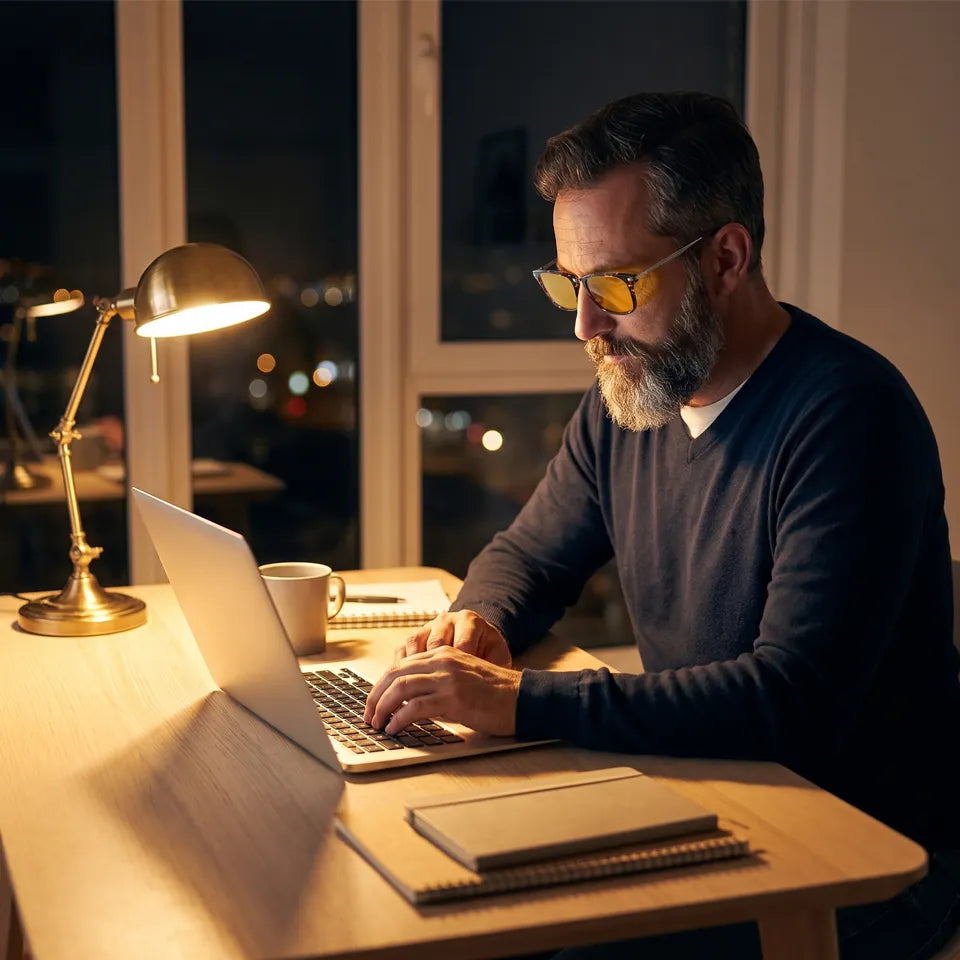 Un hombre con su portátil por la noche usando gafas de color ámbar