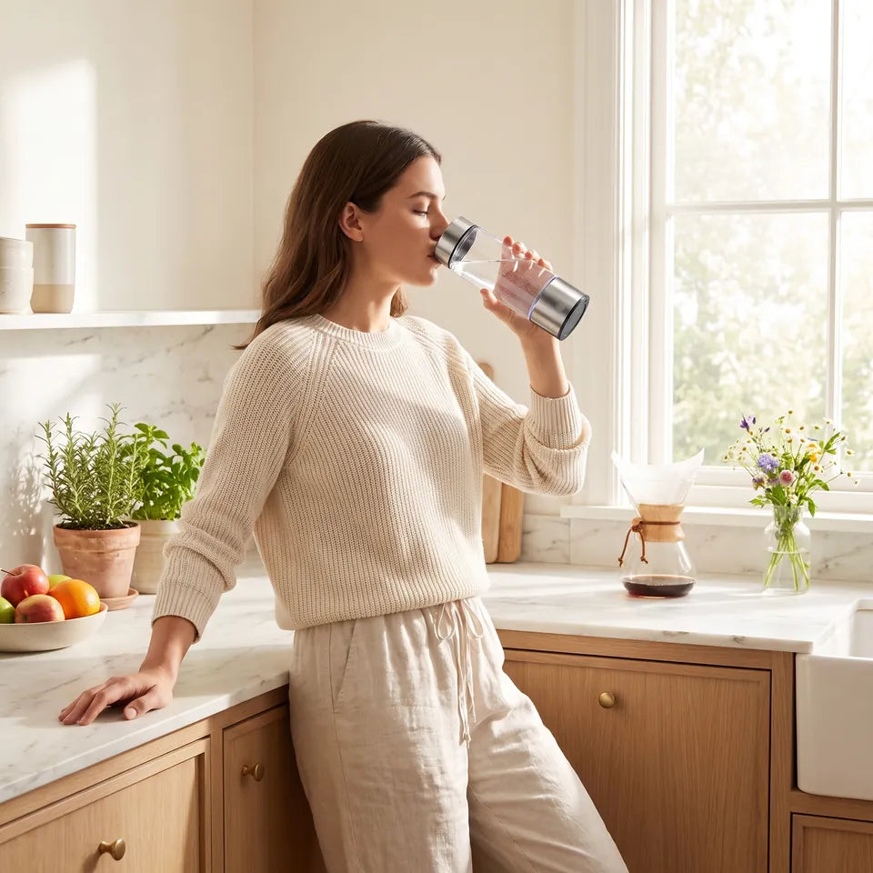 Una mujer bebiendo de la botella de agua de hidrógeno en su cocina