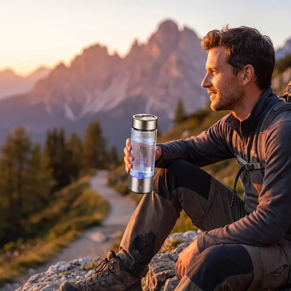 Un excursionista descansando con la botella de agua de hidrógeno
