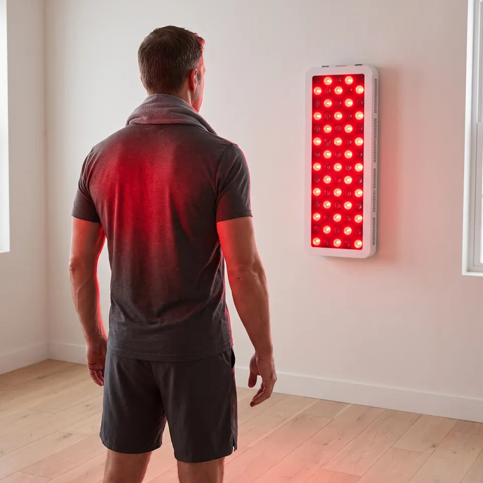 Um homem após o treino de costas para o painel de luz vermelha alta