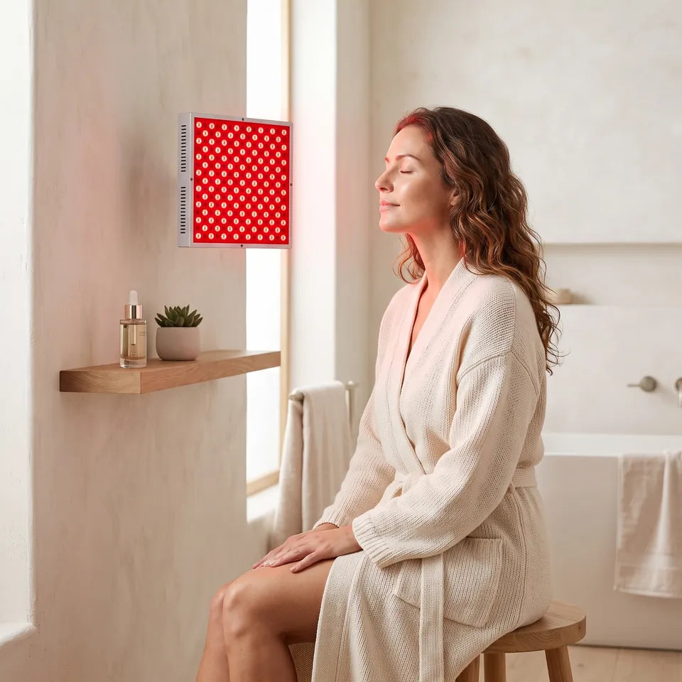 Una mujer relajándose frente al panel de luz roja brillante en un baño iluminado