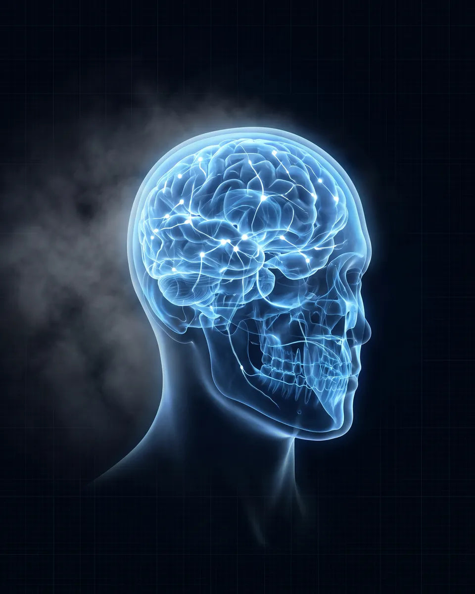 X-ray style scan of a brain with crisp neural pathways as fog clears