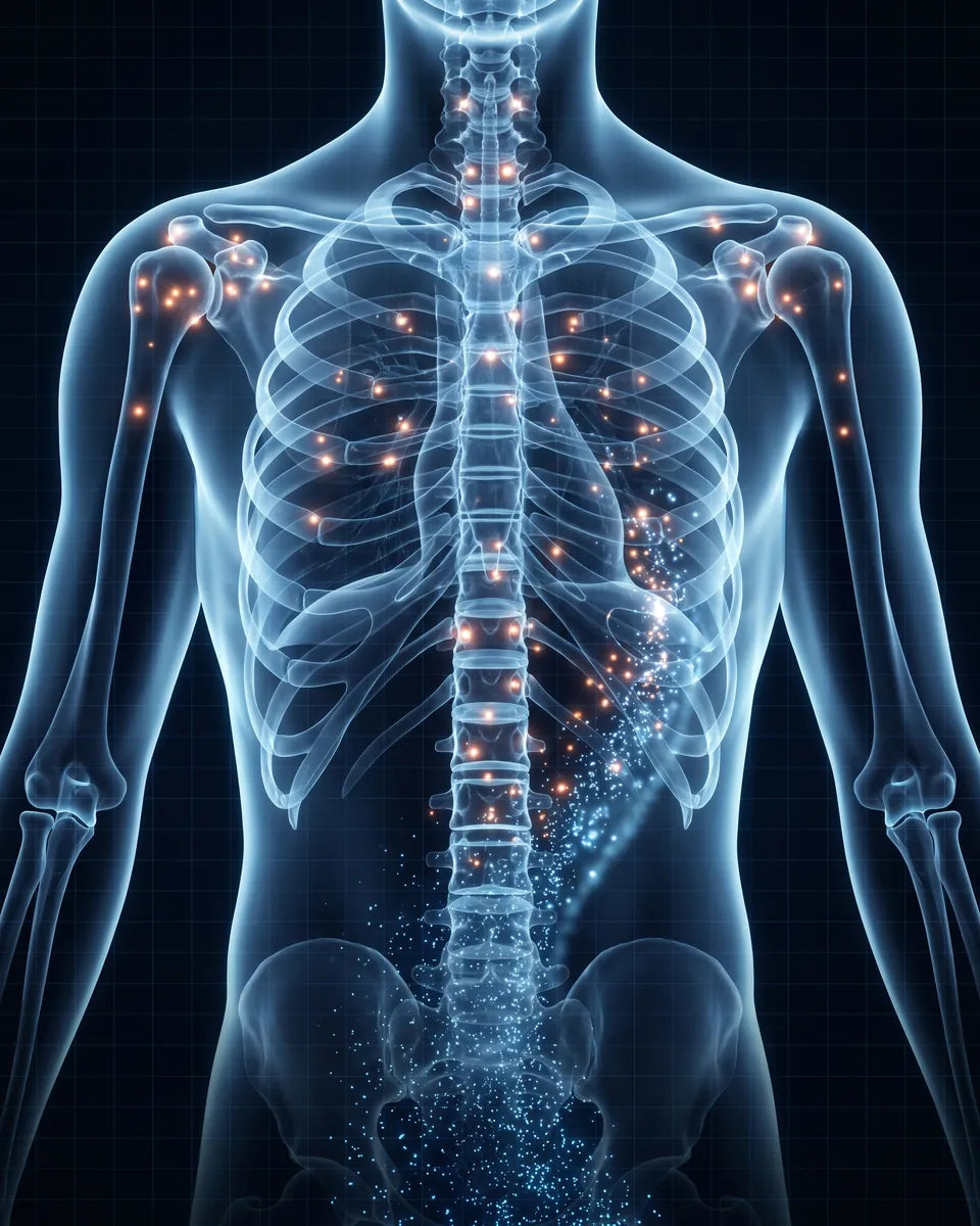 X-ray style scan of a torso with inflammation hotspots cooled by blue particles