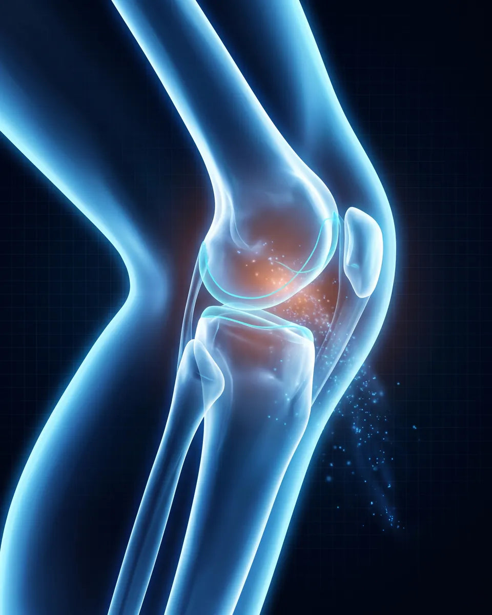 X-ray style scan of a knee joint with stiffness cooling from orange to blue
