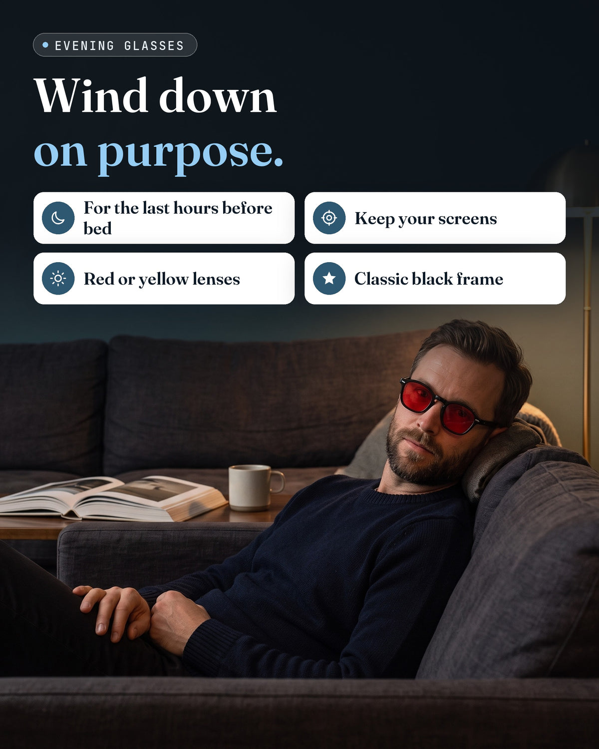 GroundingFlow black-frame evening glasses — key benefits