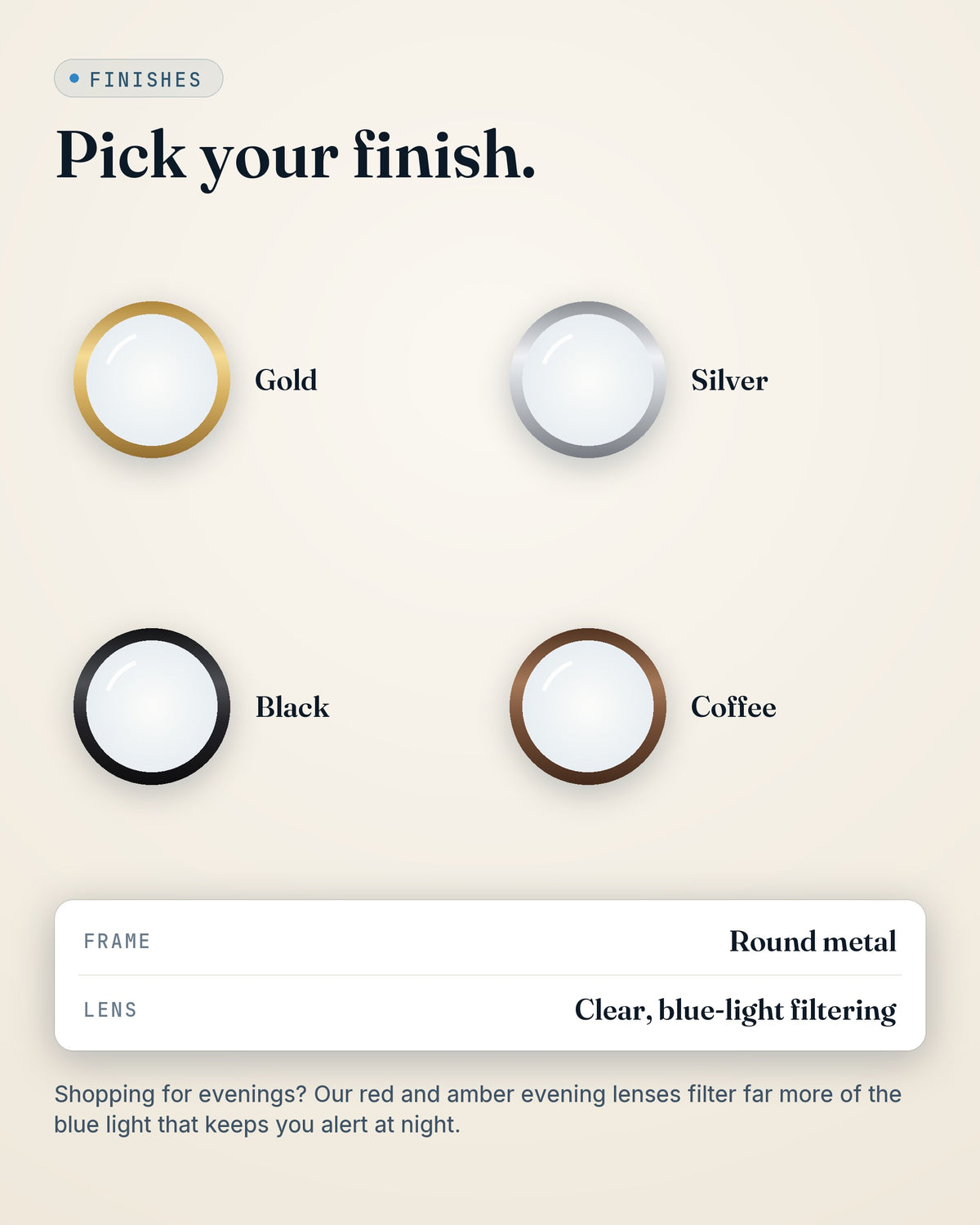 GroundingFlow Classic round glasses — gold, silver, black and coffee finishes