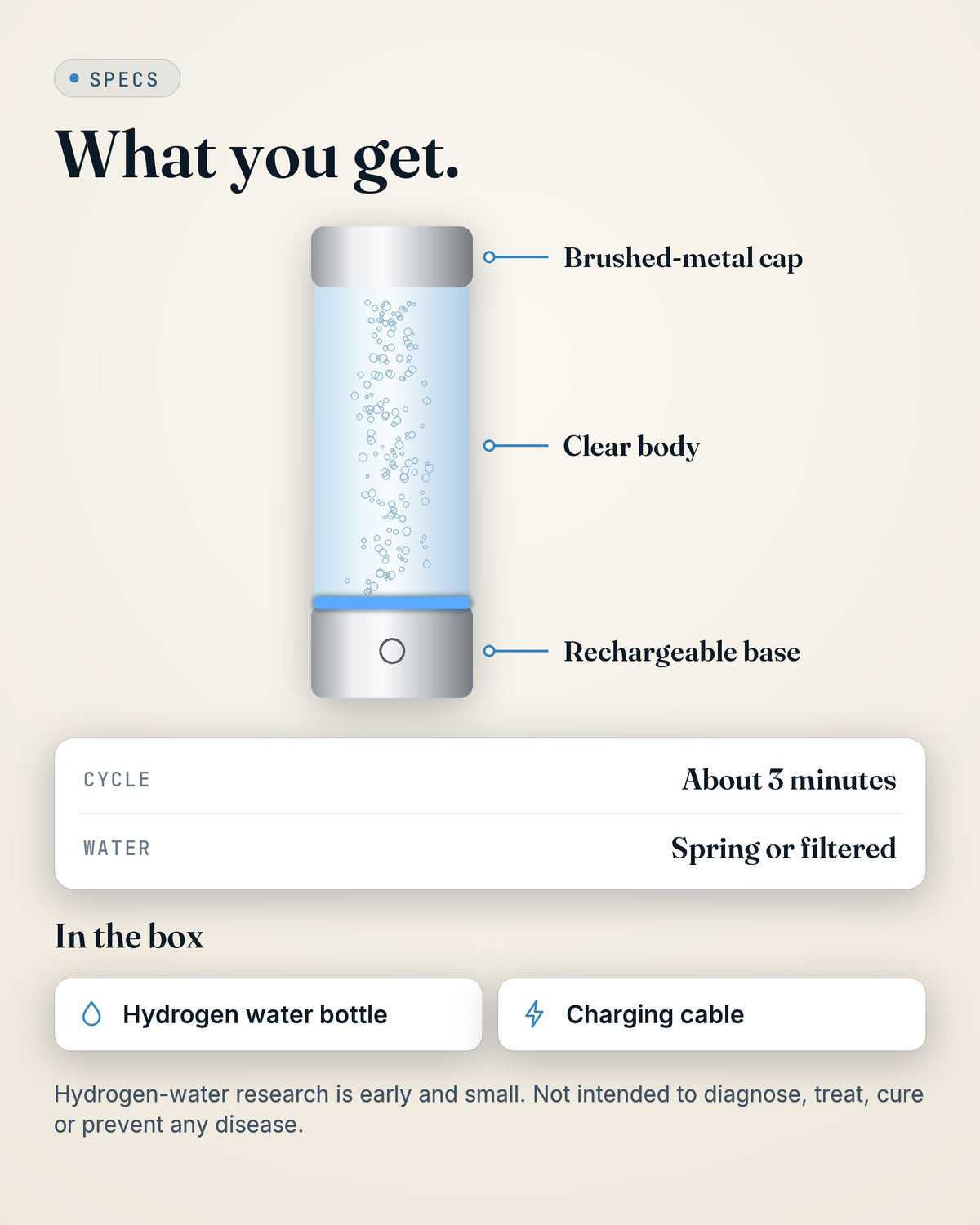 GroundingFlow hydrogen water bottle — specs and what's in the box