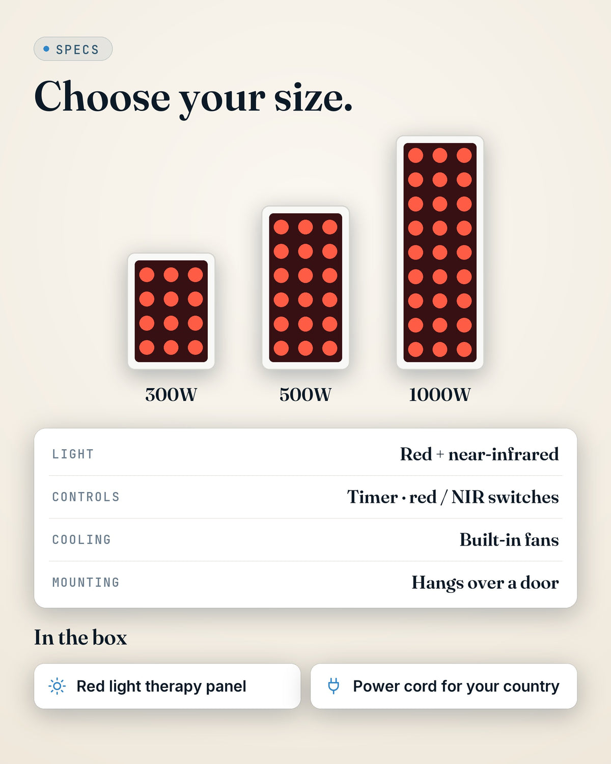 GroundingFlow full-body red light panel — sizes, specs and what's in the box