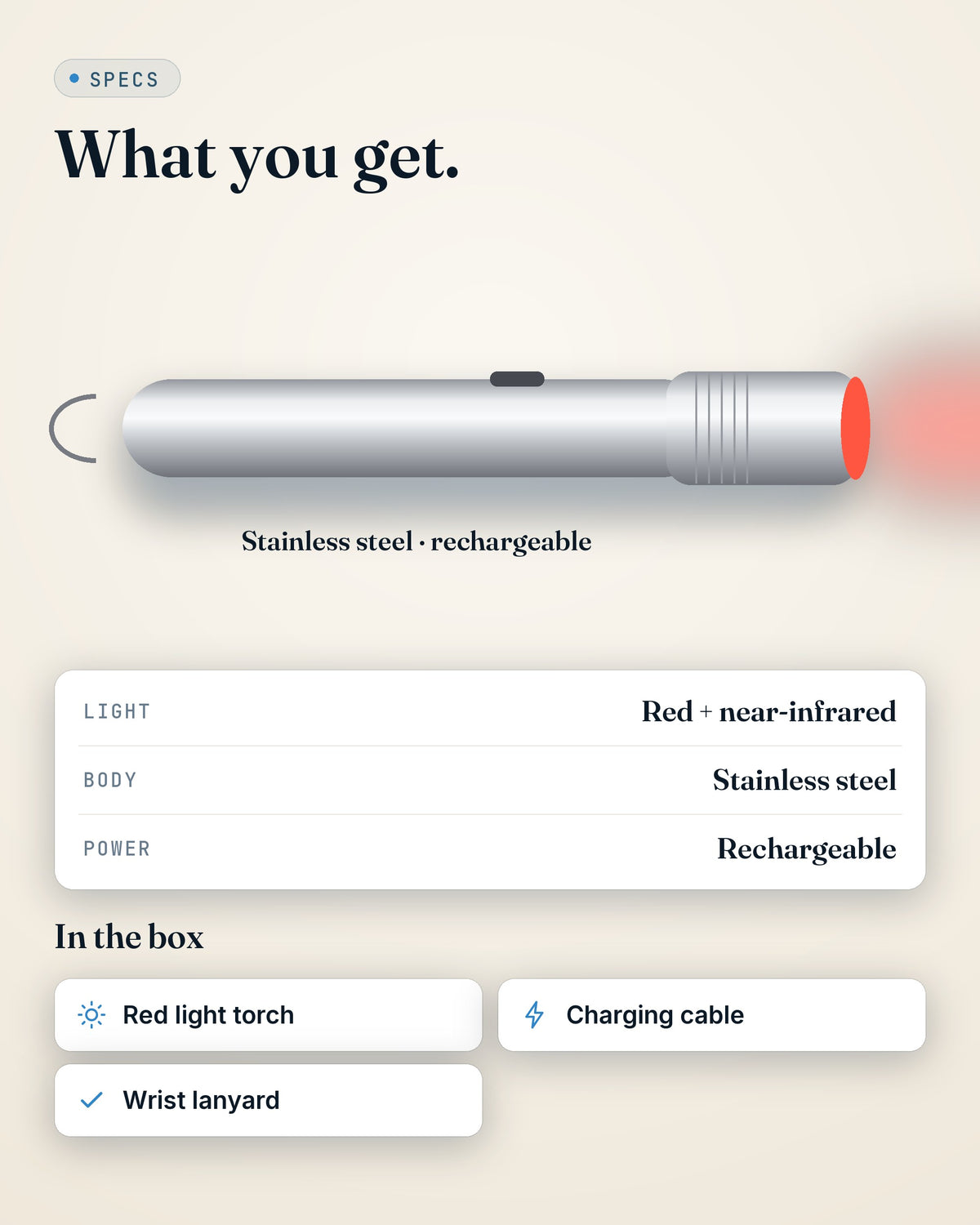 GroundingFlow red light torch — specs and what's in the box