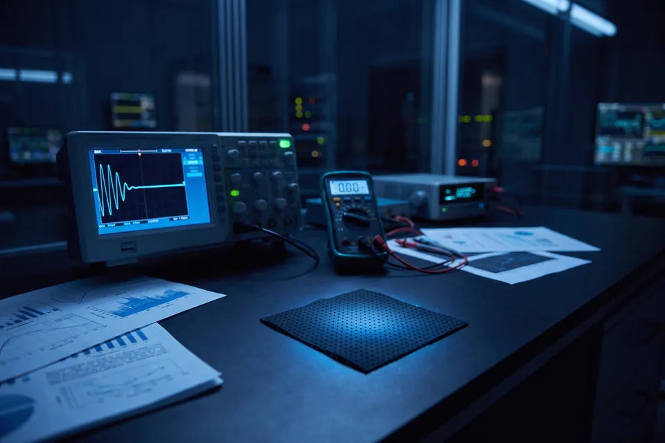 A night-time lab bench with an oscilloscope, a multimeter and the grounding mat