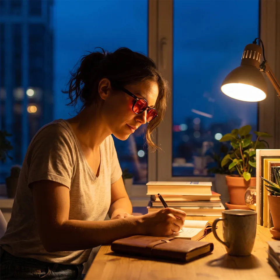 Uma mulher escrevendo em seu diário à noite usando óculos de lentes vermelhas