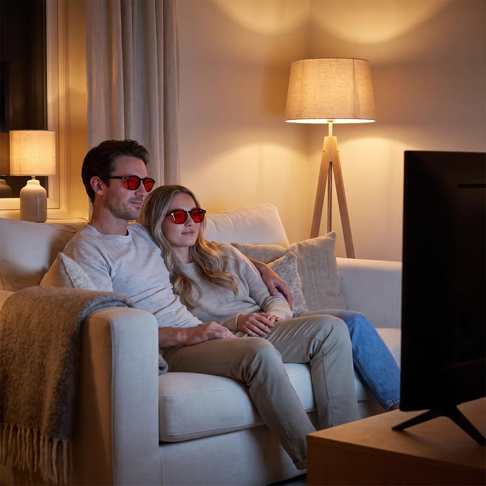 Um casal assistindo TV usando óculos de lentes vermelhas