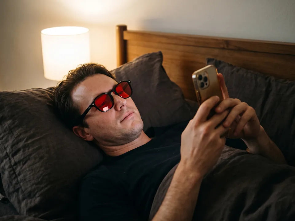 Um homem na cama com seu celular usando óculos de lentes vermelhas