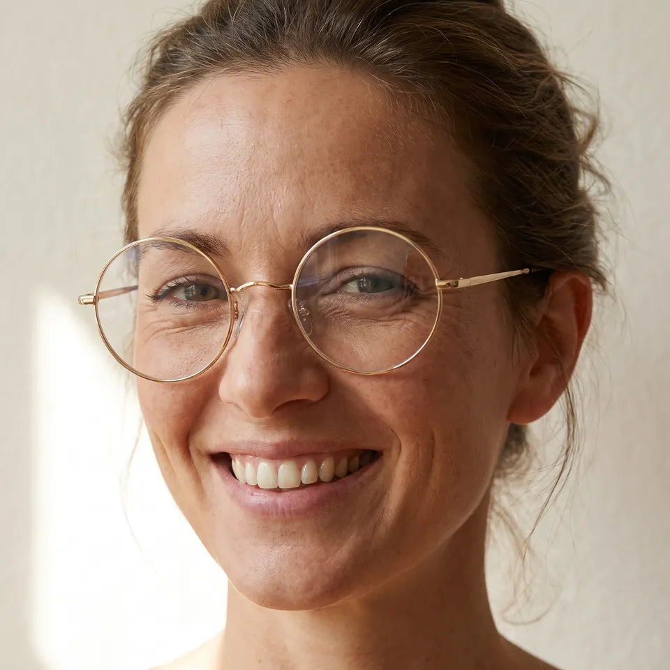 Una mujer sonriente que lleva gafas redondas doradas