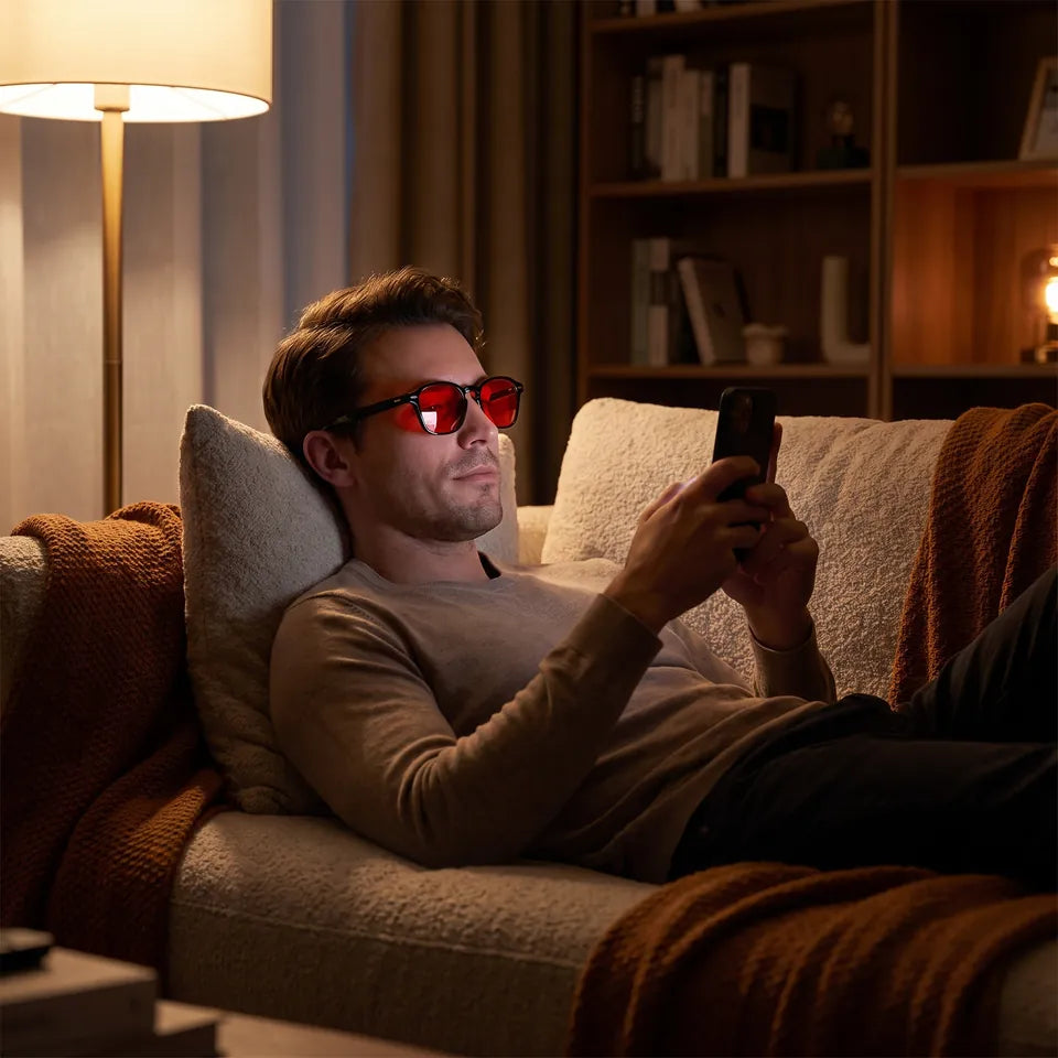 Um homem rolando a tela do celular à noite usando óculos de lentes vermelhas