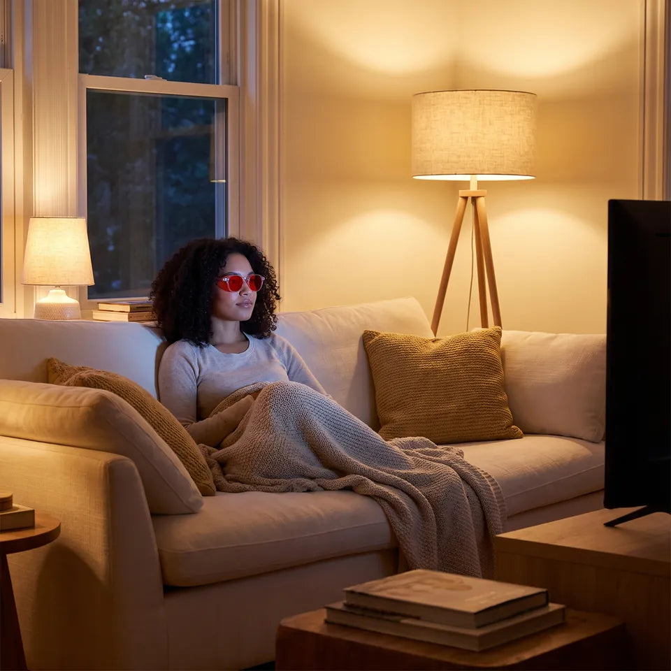 Uma mulher assistindo TV usando óculos de armação transparente e lentes vermelhas