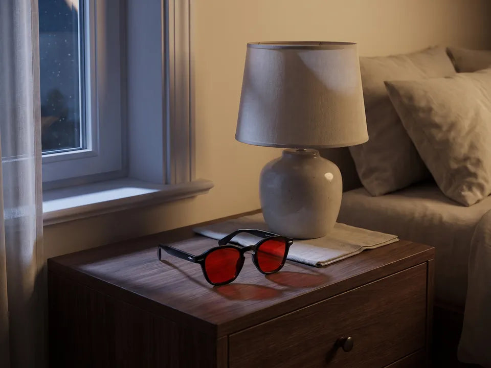 Óculos de lentes vermelhas dobrados em uma mesa de cabeceira