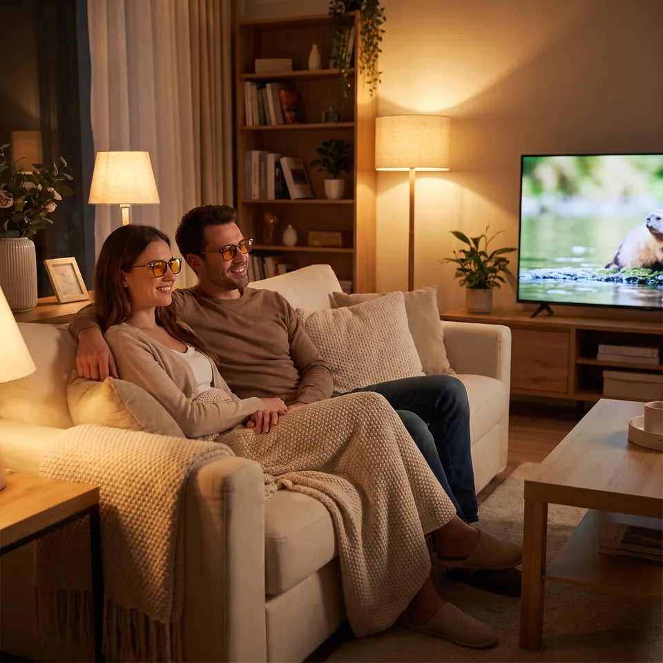 Una pareja viendo televisión por la noche usando gafas de color ámbar