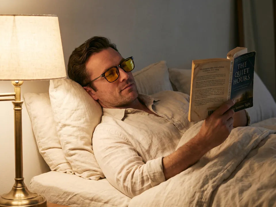 Un hombre leyendo en la cama con gafas de color ámbar