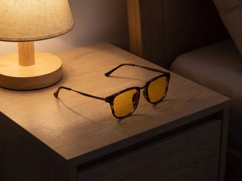 Gafas ámbar plegadas sobre una mesita de noche