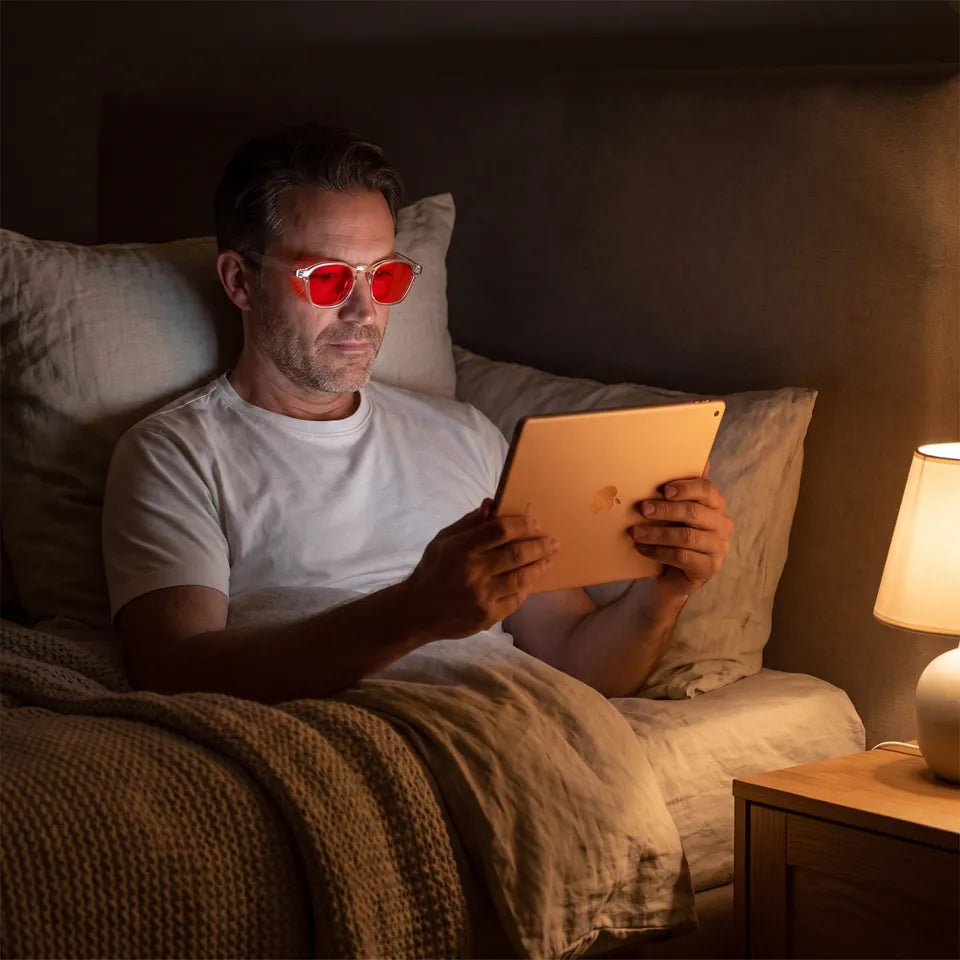 Un hombre leyendo en una tableta en la cama usando gafas con cristales rojos