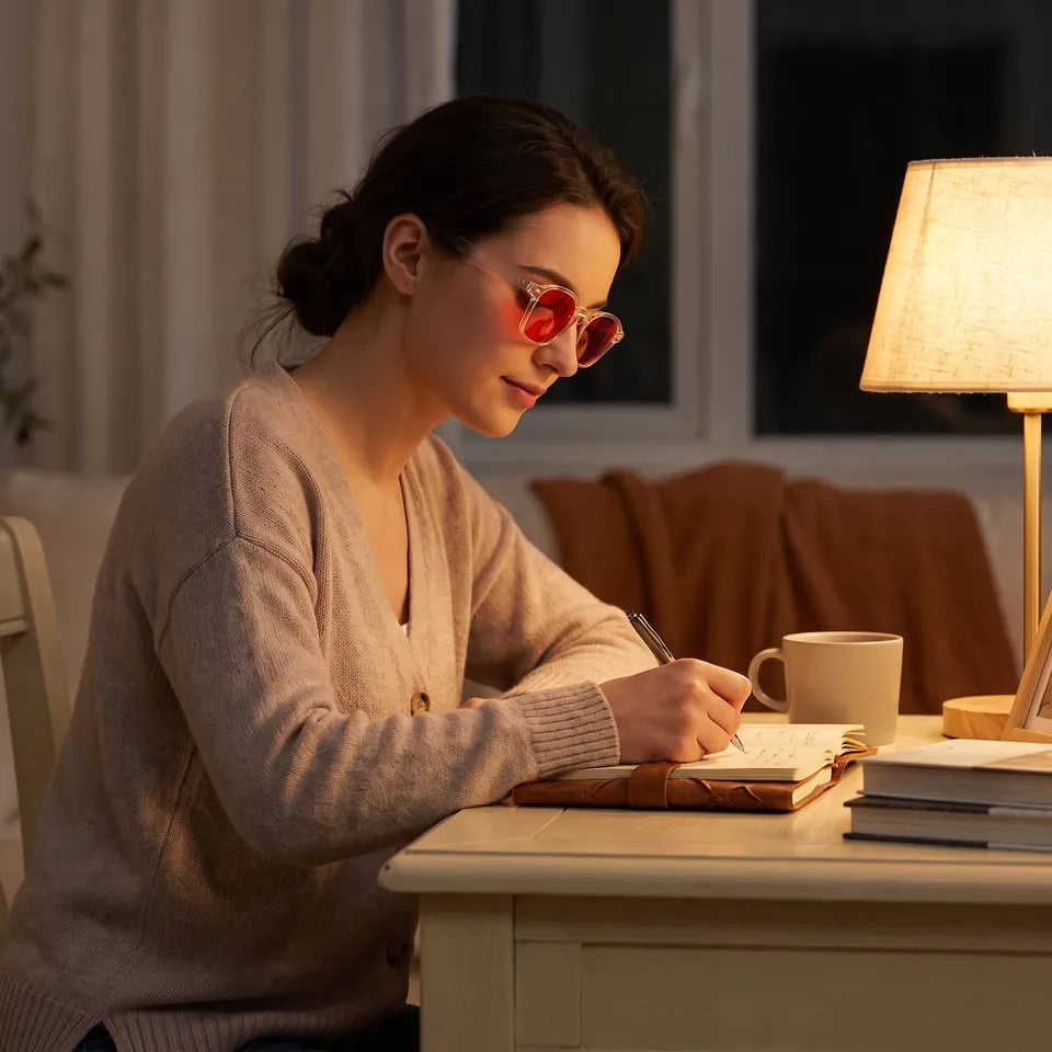 Una mujer escribiendo en su diario por la noche usando gafas de montura transparente con lentes rojas