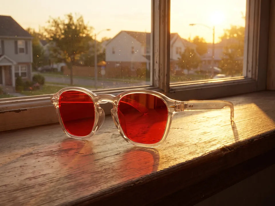 Gafas de montura transparente y color rojo en el alféizar de una ventana al atardecer