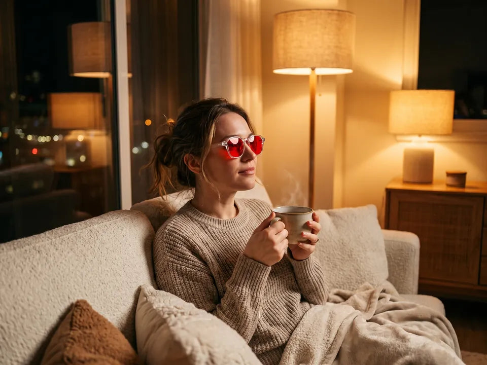 Una mujer con té usando gafas de montura transparente rojas