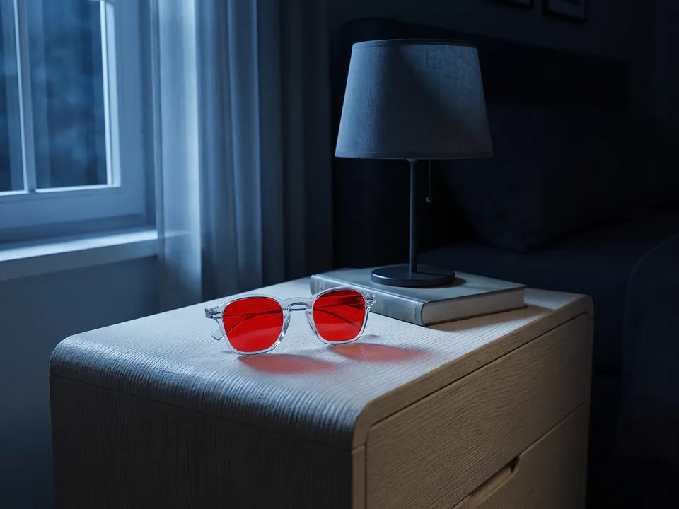 Gafas de montura transparente y color rojo sobre una mesita de noche