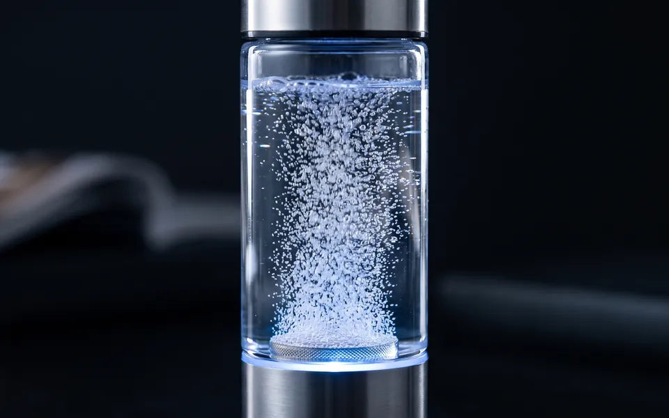 Pequeñas burbujas de hidrógeno subiendo a través de la botella de vidrio