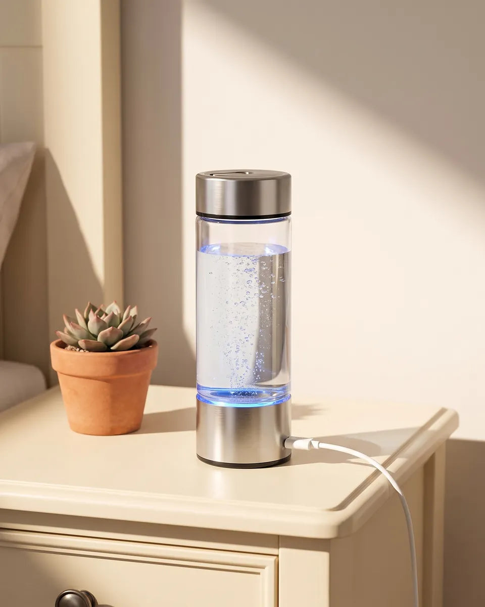 La botella de agua de hidrógeno cargándose en una mesita de noche
