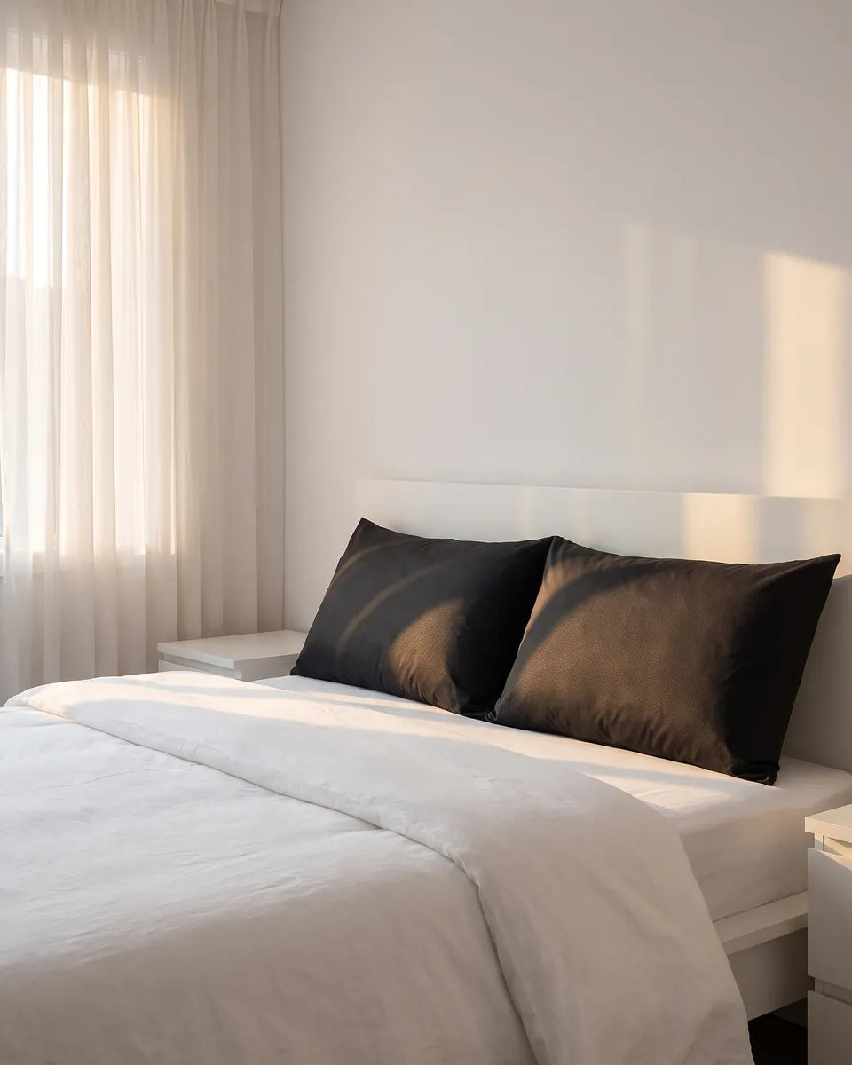 Una cama hecha con fundas de almohada de conexión a tierra negras al amanecer