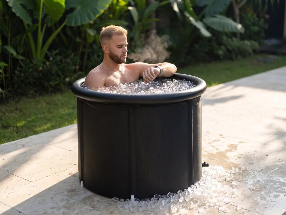 Un hombre en la bañera mirando su reloj