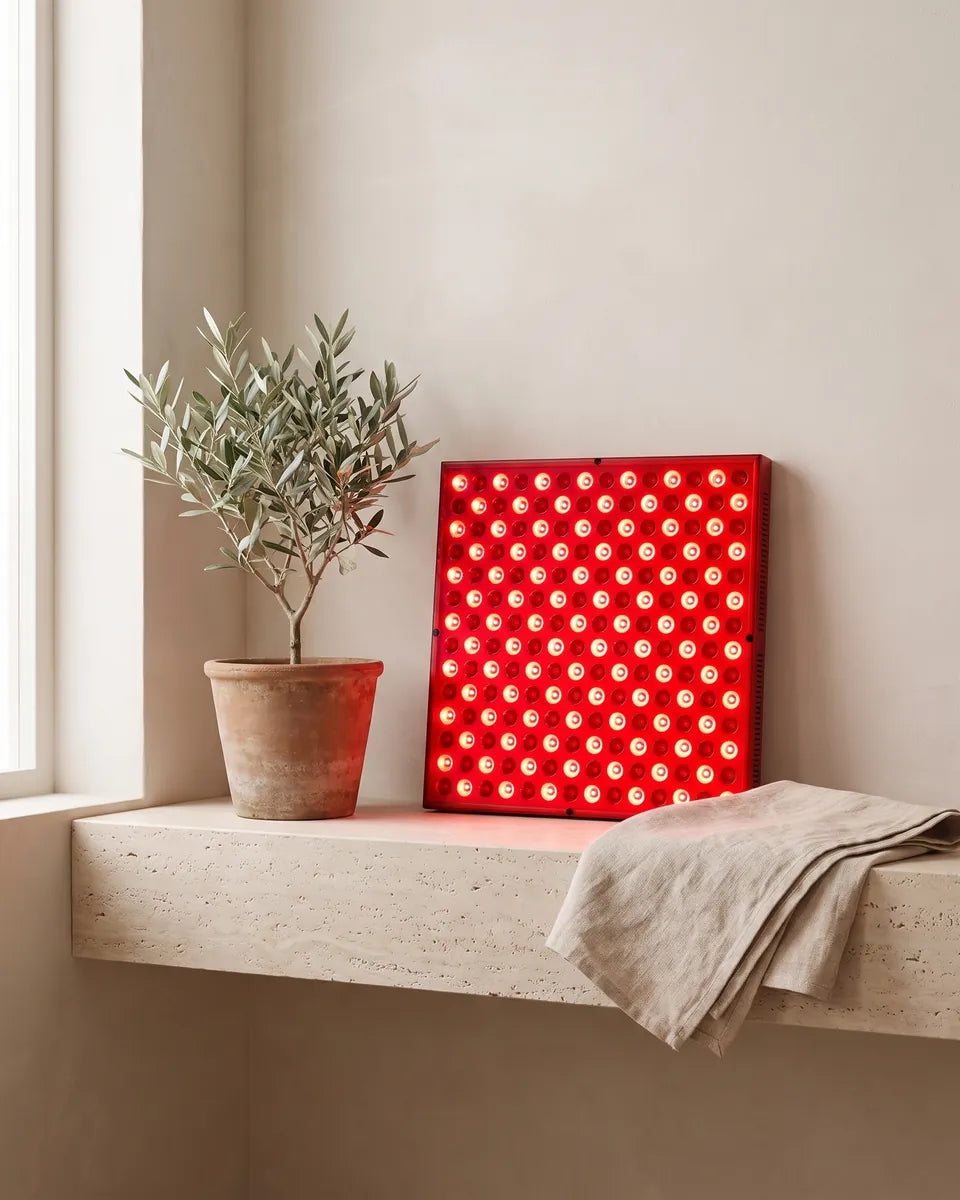 El panel de luz roja brillando en un estante junto a una planta