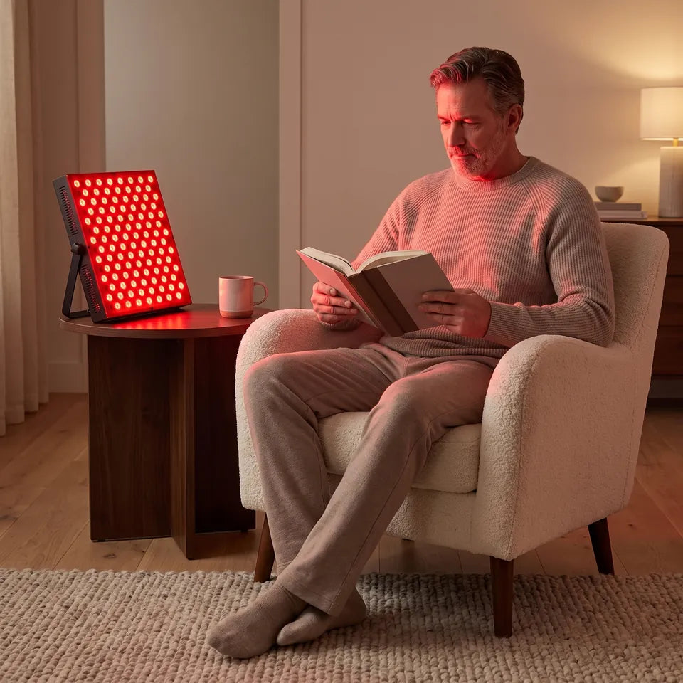 Un hombre leyendo junto al panel de luz roja brillante