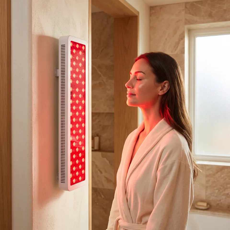 Una mujer con el rostro iluminado por el resplandor rojo del panel alto