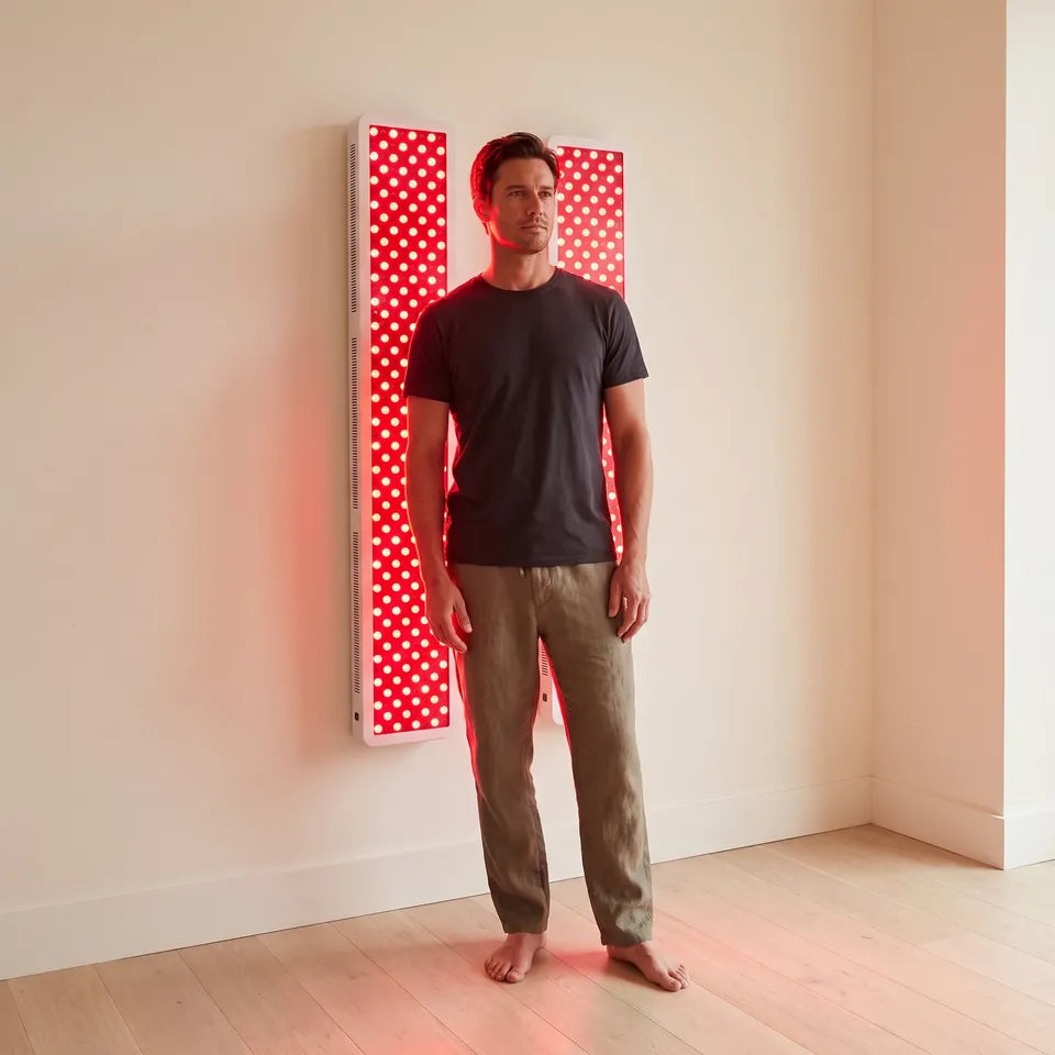 Un hombre de pie frente a los altos paneles de luz roja