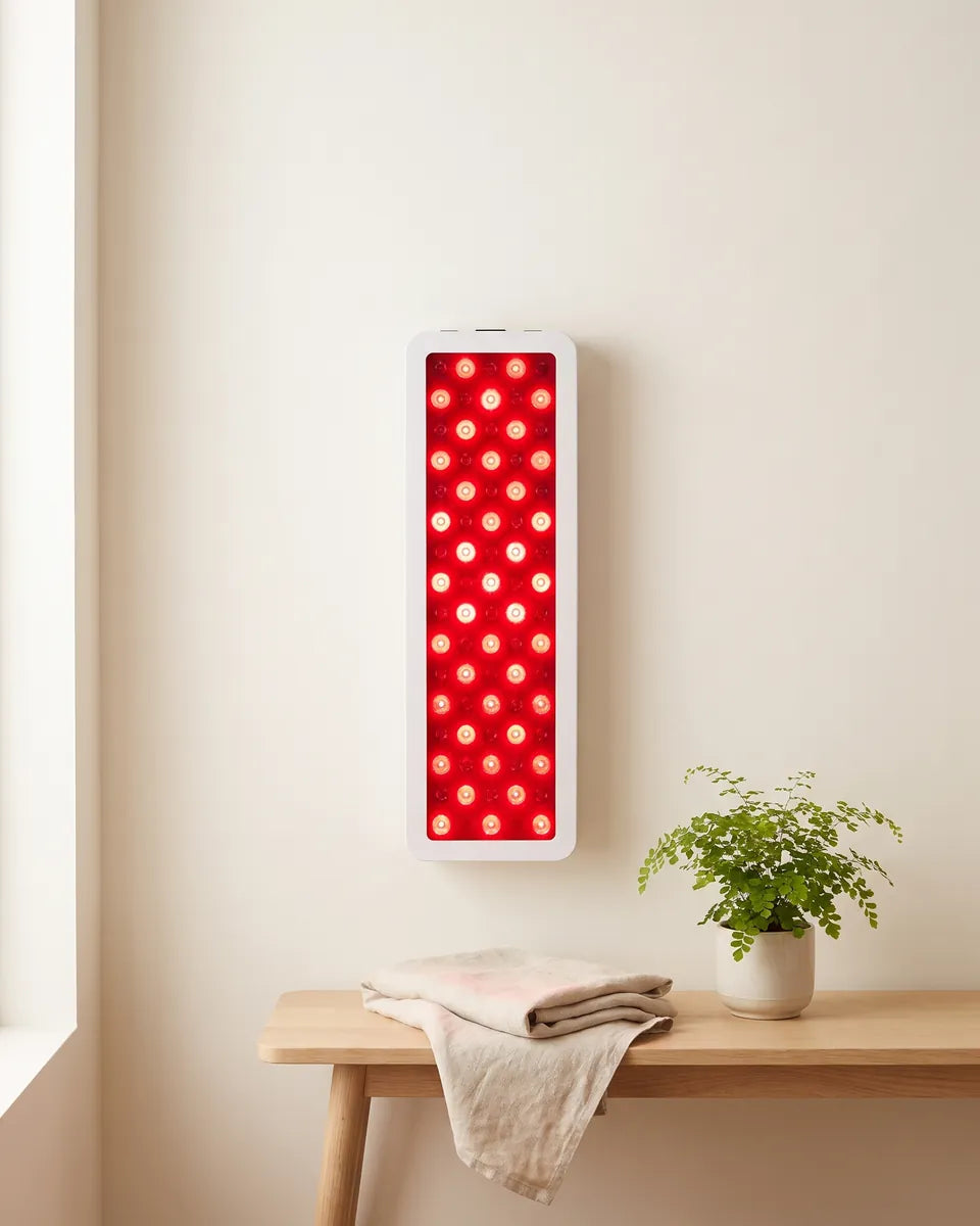 El panel de luz rojo y alto brillando sobre una pared color crema