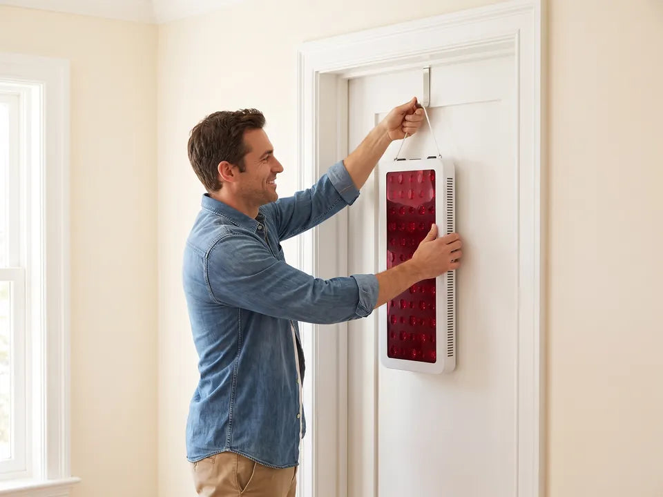 Colgar el panel de luz roja alto sobre una puerta