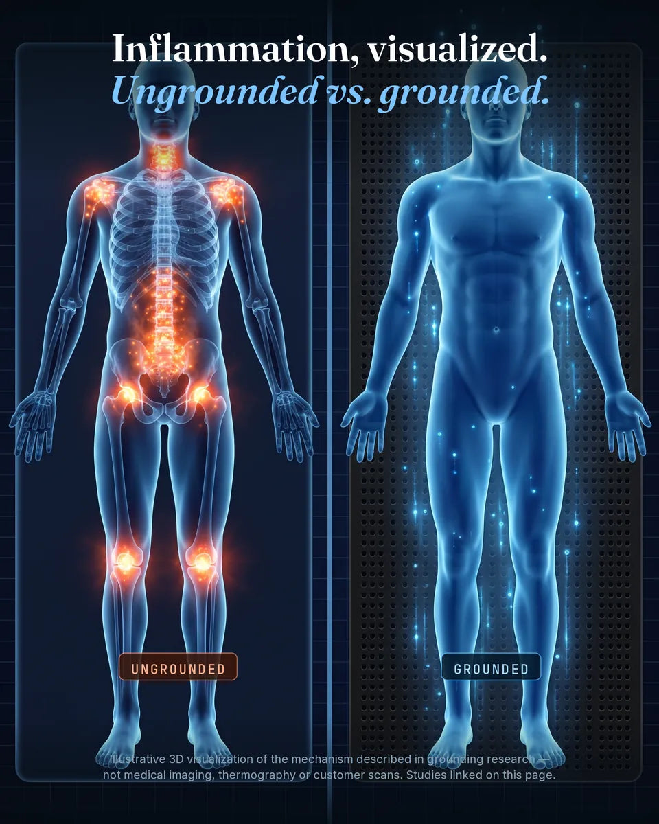 Inflamação visualizada: uma renderização 3D ilustrativa de um corpo não aterrado com pontos críticos ao lado de um corpo aterrado e calmo