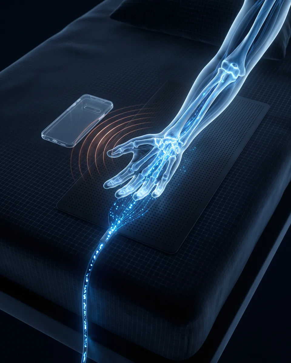 X-ray style scan of a hand on the grounding mat draining charge away from a phone's field