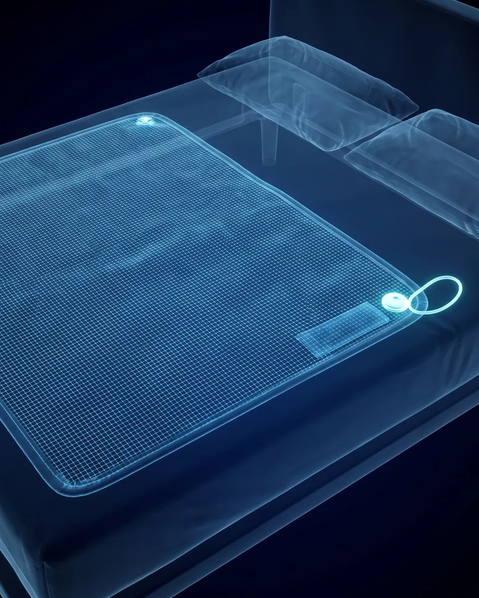 X-ray scan of the GroundingFlow mat covering a bed with its grounding cord