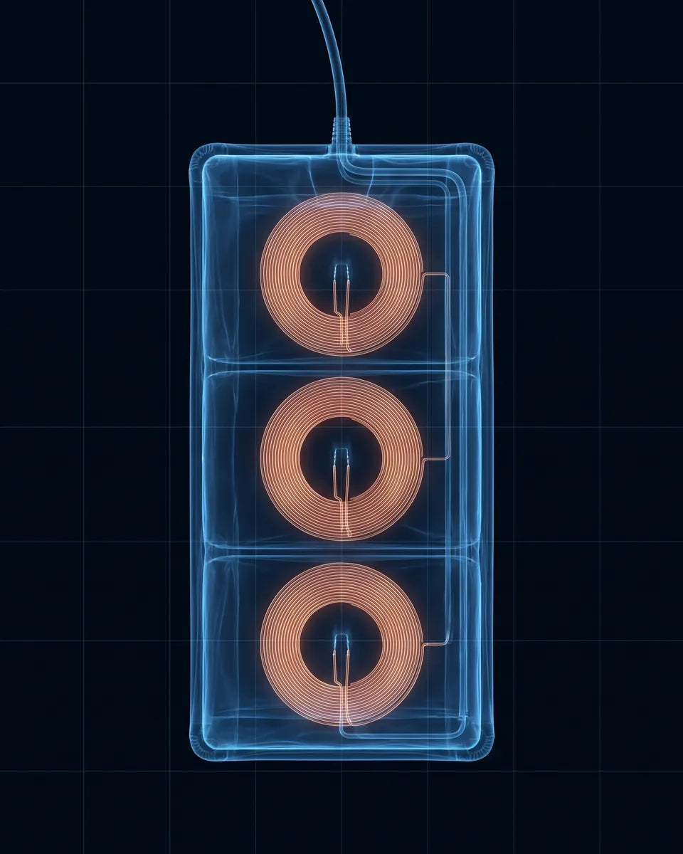 X-ray scan of a PEMF therapy mat showing three copper coils
