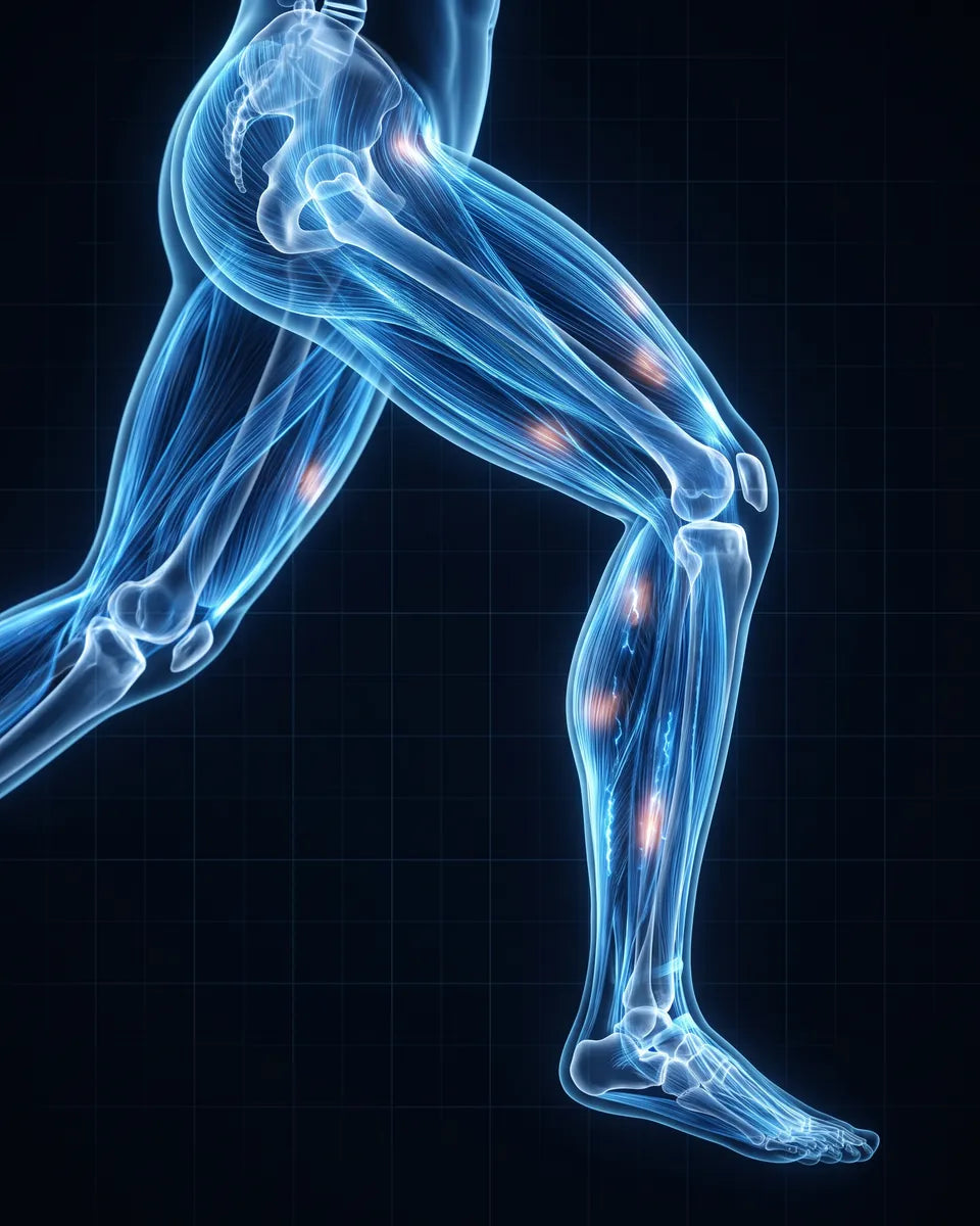 X-ray style scan of a runner's leg muscles glowing blue as soreness fades